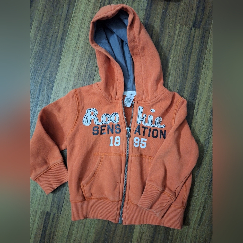 Carters Cozy Orange Zip-Up Hoodie with Blue Lined Hood 2T